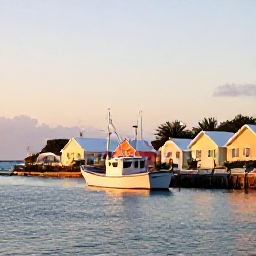 Caribbean Holidays, Bermuda Fishing, A peaceful Bermuda coastline at golden hour with a fishing boat returning to harbour and pastel houses on shore