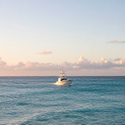 Caribbean Holidays, Bermuda Fishing February, A calm turquoise sea off Bermuda at sunrise, with a small sport-fishing boat heading towards the open water