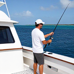 Caribbean Holidays, Bermuda Fishing February, A friendly Bermuda fishing guide preparing rods and reels on the deck of a well-equipped charter boat