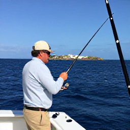 Caribbean Holidays, Bermuda Fishing February, Anglers enjoying a February deep-sea fishing trip near Bermuda, with rods bending over a deep blue Atlantic and the island visible in the distance