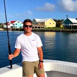 Caribbean Holidays, Bermuda Fishing January, Angler relaxing after a winter fishing trip with Bermuda pastel houses and harbour scenery in the background