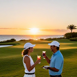Caribbean Holidays, Bermuda Golf Holidays, A couple enjoying a sunset drink beside the sea after golf in Bermuda, with a course in the background and warm evening light