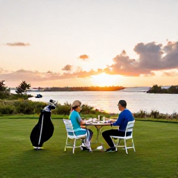 Caribbean Holidays, Bermuda Golf Holidays, A couple enjoying an outdoor dinner overlooking Hamilton Harbour in Bermuda at sunset, with golf bags nearby