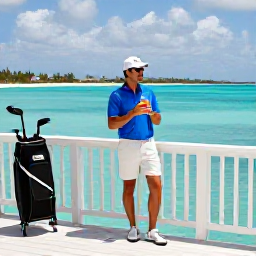 Caribbean Holidays, Bermuda Golf Holidays, A golfer enjoying a post-round drink on a Bermuda terrace overlooking turquoise water, with clubs nearby and a relaxed October atmosphere
