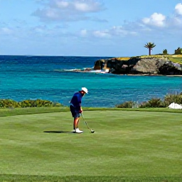 Caribbean Holidays, Bermuda Golf Holidays, A golfer preparing to play a coastal hole in Bermuda, with turquoise water, rugged coastline and a neatly maintained tee area