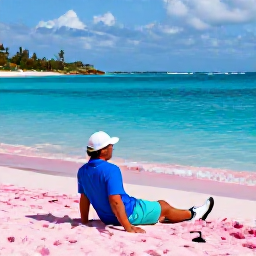 Caribbean Holidays, Bermuda Golf Holidays, A golfer relaxing at a Bermuda beach after a morning round, with pink sand, clear blue water and summer sunshine