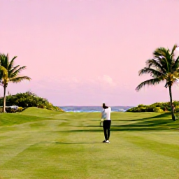 Caribbean Holidays, Bermuda Golf Holidays, A golfer teeing off on a beautifully maintained Bermuda course, with ocean views, pink sand tones and mature subtropical vegetation