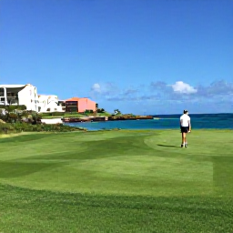 Caribbean Holidays, Bermuda Golf Holidays, A golfer walking along a beautifully maintained Bermuda fairway, with coastal cliffs, pastel buildings and clear blue sea in the background