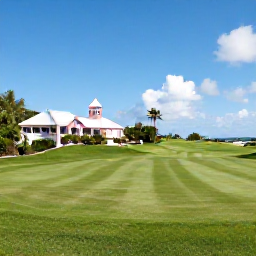 Caribbean Holidays, Bermuda Golf Holidays, A panoramic photograph of a Bermuda golf course in October, with emerald fairways, pastel clubhouse details and bright blue Atlantic skies