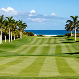 Caribbean Holidays, Bermuda Golf Holidays, A panoramic view of a Bermuda golf course with lush fairways, palm trees and the Atlantic Ocean in the background