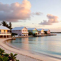 Caribbean Holidays, Bermuda Golf Holidays, A relaxed Bermuda beach and harbour scene at sunset, with pastel cottages, clear water and holidaymakers enjoying the evening