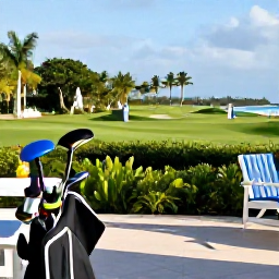 Caribbean Holidays, Bermuda Golf Holidays, A relaxed Bermuda resort terrace after a round of golf, with clubs nearby, tropical gardens and golfers enjoying cool drinks in the afternoon sunshine
