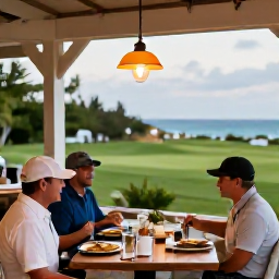 Caribbean Holidays, Bermuda Golf Holidays, A relaxed evening scene at a Bermuda seaside restaurant, with golfers enjoying dinner after a day on the course