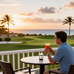 Caribbean Holidays, Bermuda Golf Holidays, A relaxed golfer enjoying a drink on a Bermuda hotel terrace at sunset, with palm trees and the Atlantic Ocean in the background