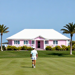 Caribbean Holidays, Bermuda Golf Holidays, A relaxed golfer walking from a Bermuda golf course towards a pastel-coloured clubhouse, with tropical planting and clear blue skies