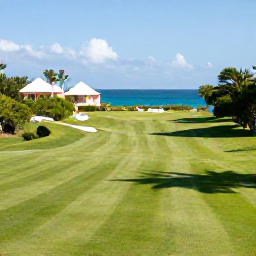 Caribbean Holidays, Bermuda Golf Holidays, A scenic Bermuda golf course beside the Atlantic Ocean, with lush fairways, pastel cottages and palm trees under bright sunshine