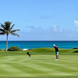 Caribbean Holidays, Bermuda Golf Holidays, A sunny Bermuda golf course beside the turquoise Atlantic Ocean in August, with palm trees and a golfer preparing to tee off