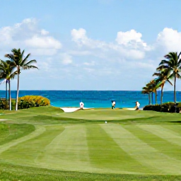 Caribbean Holidays, Bermuda Golf Holidays, A sunny Bermuda golf course beside the turquoise Atlantic Ocean in June, with palm trees and golfers enjoying a relaxed round