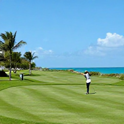 Caribbean Holidays, Bermuda Golf Holidays, A sunny Bermuda golf course beside turquoise water in May, with palm trees, manicured fairways and a golfer preparing to tee off