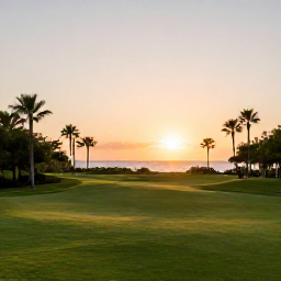 Caribbean Holidays, Bermuda Golf Holidays, A welcoming Bermuda golf resort at sunset in October, with elegant accommodation, palm trees, golf clubs and calm ocean beyond