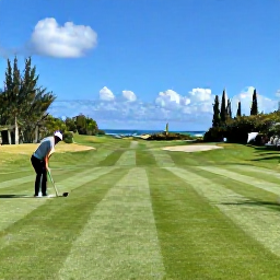 Caribbean Holidays, Bermuda Golf Holidays, A well-kept Bermuda golf course with lush fairways, coastal views and a golfer preparing to play in bright June sunshine