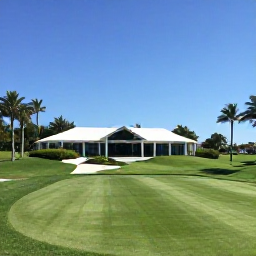 Caribbean Holidays, Bermuda Golf Holidays, An elegant Bermuda golf club with manicured greens, palm trees and a welcoming clubhouse under a clear summer sky