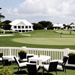 Caribbean Holidays, Bermuda Golf Holidays, An elegant Bermuda golf clubhouse with a welcoming terrace, lush fairways and players enjoying a relaxed August afternoon