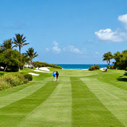 Caribbean Holidays, Bermuda Golf Holidays, Golfers walking across a lush Bermuda fairway in summer, with ocean views, blue skies and tropical greenery