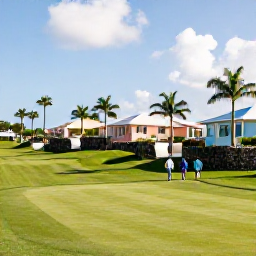 Caribbean Holidays, Bermuda Golf Holidays, Golfers walking beside a manicured Bermuda fairway bordered by pastel houses, palm trees and limestone walls on a sunny autumn morning