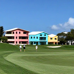 Caribbean Holidays, Bermuda Golf Holidays, Golfers walking beside a manicured Bermuda fairway, with pastel-coloured buildings and bright blue skies