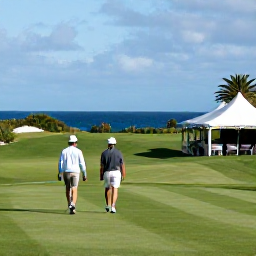 Caribbean Holidays, Bermuda Golf Holidays, Golfers walking from a Bermuda golf course towards a terrace restaurant overlooking the sea on a warm June afternoon