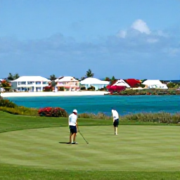 Caribbean Holidays, Bermuda Golf Holidays, Two golfers enjoying a sunny afternoon on a Bermuda course, with pastel houses, flowering gardens and a calm turquoise bay behind them