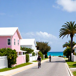 Caribbean Holidays, Bermuda Holidays, A couple cycling along a quiet coastal road in Bermuda past pastel houses, palm trees and ocean views