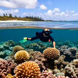 Caribbean Holidays, Bermuda Holidays, A snorkeller exploring a colourful coral reef in clear Bermuda water, with a calm island coastline in the background