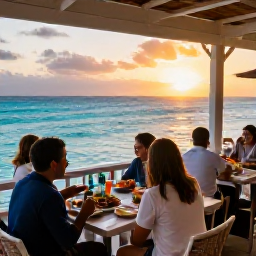 Caribbean Holidays, Bermuda Holidays, An outdoor Bermuda restaurant overlooking the sea at sunset, with local seafood and relaxed diners