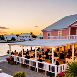 Caribbean Holidays, Bermuda Holidays, Outdoor restaurant overlooking a Bermuda harbour at sunset, with fresh seafood, pastel buildings and relaxed diners