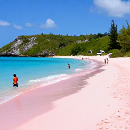 Caribbean Holidays, Bermuda Holidays, Visitors relaxing on Horseshoe Bay Beach in Bermuda, with distinctive pink sand, clear blue water and green hills behind
