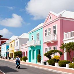 Caribbean Holidays, Bermuda Honeymoons, A couple exploring pastel-coloured Bermuda streets on a rented scooter, historic buildings, lush gardens and clear summer sky
