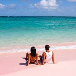 Caribbean Holidays, Bermuda Honeymoons, A newlywed couple relaxing on a pink-sand beach in Bermuda in June, clear turquoise water, bright but natural holiday photography