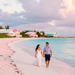Caribbean Holidays, Bermuda Honeymoons, A newlywed couple walking along a pink-sand beach in Bermuda at sunset, turquoise water and pastel seaside houses in the background