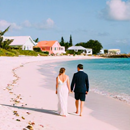 Caribbean Holidays, Bermuda Honeymoons, A newlywed couple walking along a pink-sand beach in Bermuda in warm February sunshine, turquoise water and pastel cottages in the background