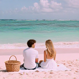 Caribbean Holidays, Bermuda Honeymoons, A romantic Bermuda beach picnic with a couple beside turquoise sea, pink sand, wicker basket and soft summer sunshine