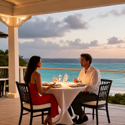 Caribbean Holidays, Bermuda Honeymoons, A stylish Bermuda seaside hotel terrace prepared for a honeymoon couple, ocean view, elegant dinner table and warm evening light