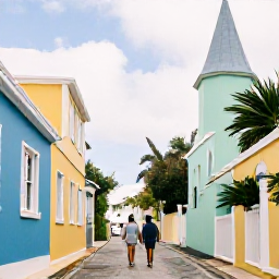 Caribbean Holidays, Bermuda Honeymoons, Couple exploring colourful historic buildings and narrow streets in Hamilton, Bermuda, during daylight