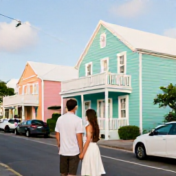 Caribbean Holidays, Bermuda Honeymoons, Couple exploring pastel-coloured buildings and historic streets in Hamilton, Bermuda, during a sunny afternoon