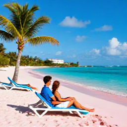Caribbean Holidays, Bermuda Honeymoons, Couple relaxing on a pink-sand beach beside turquoise water in Bermuda, with sun loungers and palm trees
