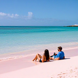 Caribbean Holidays, Bermuda Honeymoons, Couple relaxing on a pink-sand Bermuda beach beside calm turquoise water under a clear blue sky