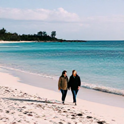 Caribbean Holidays, Bermuda Honeymoons, Couple walking along a quiet pink-sand beach in Bermuda in January, soft winter sunlight and turquoise sea