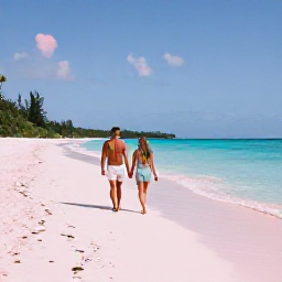 Caribbean Holidays, Bermuda Honeymoons, Couple walking hand in hand along a quiet pink-sand beach in Bermuda during warm March sunshine