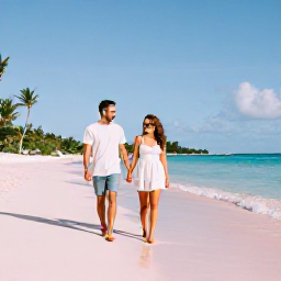 Caribbean Holidays, Bermuda Honeymoons, Couple walking hand in hand along a quiet pink-sand beach in Bermuda during warm May sunshine